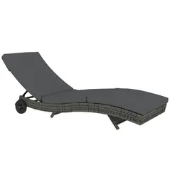 Outsunny Patio Wicker Chaise Lounge Chair, Outdoor PE Rattan Sun Lounger with Adjustable Backrest and 2 Wheels, Dark Grey - 1
