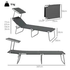 Outsunny Outdoor Foldable Sun Lounger Set of 2, 4 Level Adjustable Backrest Reclining Sun Lounger Chair with Angle Adjust Sun Shade Awning for Beach, Garden, Patio, Grey - 3