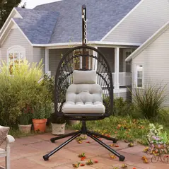 Outsunny Outdoor PE Rattan Swing Chair with Foldable Basket and Cushion, Garden Patio Hanging Egg Chair with Metal Stand, Headrest for Indoor and Outdoor, Black - 9
