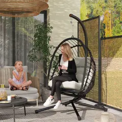 Outsunny Outdoor PE Rattan Swing Chair with Foldable Basket and Cushion, Garden Patio Hanging Egg Chair with Metal Stand, Headrest for Indoor and Outdoor, Black - 2