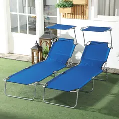 Outsunny Outdoor Foldable Sun Lounger Set of 2, 4 Level Adjustable Backrest Reclining Sun Lounger Chair with Angle Adjust Sun Shade Awning for Beach, Garden, Patio, Blue - 2