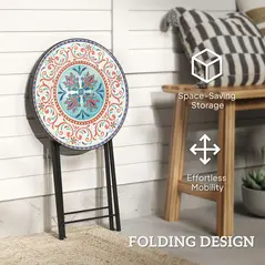 Outsunny Mosaic Outdoor Garden Table, 35.5cm Round Folding Coffee Table with Metal Frame for Balcony Terrace, Multicolour - 5