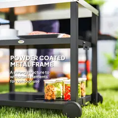 Outsunny Outdoor Grill Dining Cart 3-Shelf Movable Pizza Oven Table Stand with Stainless Steel Top, Portable BBQ Trolley Food Prep Outdoor Kitchen Barbecue Station with Hooks Wheels, Charcoal Grey - 7