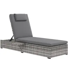 Outsunny Outdoor Patio PE Rattan Lounger with Cushion, 5-Level Reclining Wicker Rattan Sun Lounger with Tea Tray, for Poolside, Patio, Deck, 120kg Weight Capacity, Grey - 1