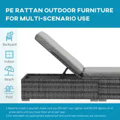 Outsunny PE Rattan Sun Loungers with Cushion, Outdoor Garden Sunbed Furniture with 5-Level Recliner Backrest, and Armrest, Set of 2, Grey - 7