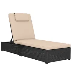 Outsunny Rattan Sun Lounger with 5-Level Reclining Back Side Tray and Cushion, Black - 1
