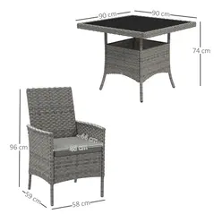 Outsunny Rattan Garden Furniture Set, Outdoor Dining Table and Chairs 4 Seater with Cushions, Square Tempered Glass Top, 4 Armchairs, for Balcony, Terrace, Conservatory, Grey - 3