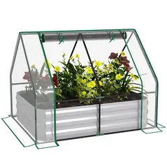 Outsunny Raised Garden Bed with Greenhouse, Steel Planter Box with Plastic Cover, Roll Up Window, Dual Use for Flowers, Vegetables, Fruits and Herbs, 127L x 95W x 92H cm, Clear - 1