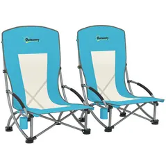 Outsunny Set of 2 Folding Beach Chair, Low Camping Chair with Mesh Back, Carry Bag and Cup Holder for Garden Outdoor Picnic Festival Travel, Blue - 1