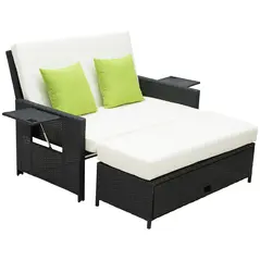 Outsunny Rattan 2-Seater Sofa Sun Lounger Bed-Black - 1