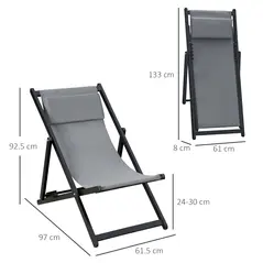 Outsunny Set of 2 Folding Garden Beach Aluminium Frame Deck Chairs Deckchairs Seaside Folding Garden Patio Lounger, Grey - 3