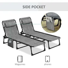 Outsunny Portable Sun Lounger Set of 2, Folding Camping Bed Cot, Reclining Lounge Chair 5-position Adjustable Backrest with Side Pocket, Pillow for Patio Garden Beach Pool, Mixed Grey - 7