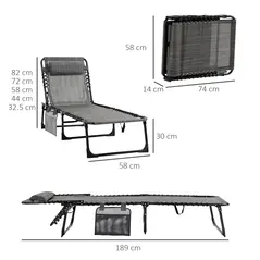 Outsunny Portable Sun Lounger, Folding Camping Bed Cot, Reclining Lounge Chair 5-position Adjustable Backrest with Side Pocket, Pillow for Patio Garden Beach Pool, Mixed Grey - 3