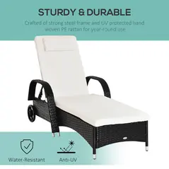 Outsunny Rattan Sun Lounger, Garden Lounger Recliner with Wheels and Adjustable Backrest, Outdoor Reclining Sunbed Garden Chair with Cushion and Headrest for Patio, Beach, Terrace, Black - 4