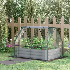 Outsunny Raised Garden Bed with Greenhouse, Steel Planter Box with Plastic Cover, Roll Up Window, Dual Use for Flowers, Vegetables, Fruits and Herbs, 127L x 95W x 92H cm, Clear - 2