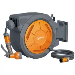 Outsunny Retractable Hose Reel Wall Mounted, 30+2m Garden Hose Pipe Reel with Lock, Auto Rewind, 7 in 1 Spray Nozzle, Includes Wall Fixings, 180° Swivel, Outdoor Watering, 59 x 23 x 42 cm, Orange - 1