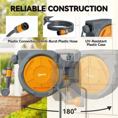 Outsunny Retractable Hose Reel Wall Mounted, 30+2m Garden Hose Pipe Reel with Lock, Auto Rewind, 7 in 1 Spray Nozzle, Includes Wall Fixings, 180° Swivel, Outdoor Watering, 59 x 23 x 42 cm, Orange - 5