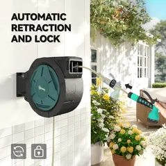 Outsunny Retractable Hose Reel Wall Mounted, 20+2m Garden Hose Pipe Reel with Lock, Auto Rewind, 7 in 1 Spray Nozzle, Includes Wall Fixings, 180° Swivel, Outdoor Watering, 59 x 20 x 39 cm, Black - 6