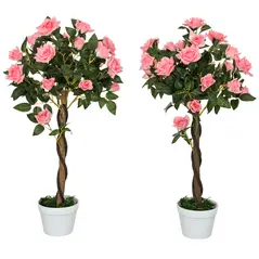 Outsunny Set of 2 Artificial Plants Pink Rose Floral in Pot, Fake Plants for Home Indoor Decor, 90cm - 1