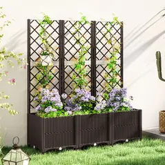Outsunny Raised Garden Bed with Trellis, Plastic Planter Box with Drainage Holes, Drain Plugs and Water Reservoirs for Climbing Plants, Vegetables, Flowers, Brown - 2