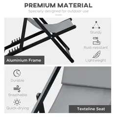 Outsunny Set of 2 Folding Garden Beach Aluminium Frame Deck Chairs Deckchairs Seaside Folding Garden Patio Lounger, Grey - 6