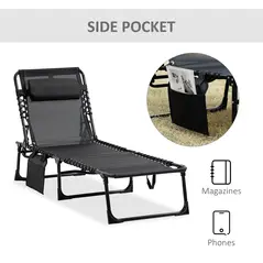Outsunny Portable Sun Lounger, Folding Camping Bed Cot, Reclining Lounge Chair 5-position Adjustable Backrest with Side Pocket, Pillow for Patio Garden Beach Pool, Black - 7