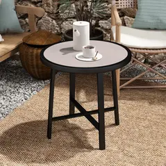 Outsunny Round Small Garden Table, 50.5cm Outdoor Side Table with SPC Tabletop, Metal Frame and Anti-slip Foot Pads for Garden, Balcony, Grey Wood Effect - 7
