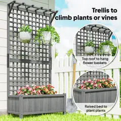 Outsunny Raised Bed with Drainage Holes, Wood Planter with Trellis for Climbing Plants to Grow Vegetables, Flowers, Dark Grey - 5