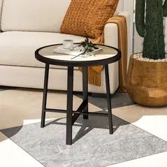 Outsunny Round Small Garden Table, 50.5cm Outdoor Side Table with SPC Tabletop, Metal Frame and Anti-slip Foot Pads for Garden, Balcony, Nature Wood Finish - 2