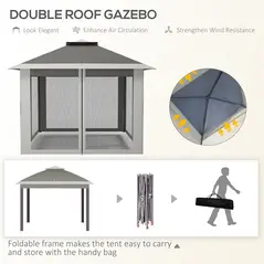 Outsunny Pop Up Canopy Tent with Double Roof, Zipped Mesh Sidewalls, Carrying Bag, Height Adjustable for Patio Garden, Dark Grey - 4
