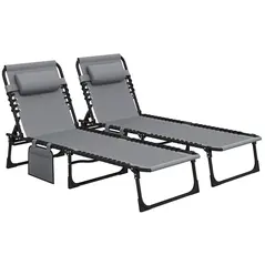 Outsunny Portable Sun Lounger Set of 2, Folding Camping Bed Cot, Reclining Lounge Chair 5-position Adjustable Backrest with Side Pocket, Pillow for Patio Garden Beach Pool, Grey - 1