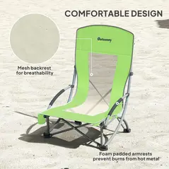 Outsunny Set of 2 Folding Beach Chair, Low Camping Chair with Mesh Back, Carry Bag and Cup Holder for Garden Outdoor Picnic Festival Travel, Green - 5