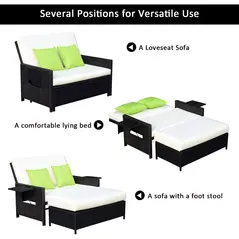 Outsunny Rattan 2-Seater Sofa Sun Lounger Bed-Black - 5