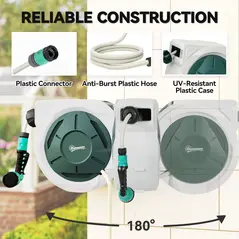 Outsunny Retractable Hose Reel Wall Mounted, 30+2m Garden Hose Pipe Reel with Lock, Auto Rewind, 7 in 1 Spray Nozzle, Includes Wall Fixings, 180° Swivel, Outdoor Watering, 59 x 23 x 42 cm, Grey - 5