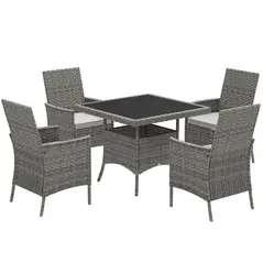 Outsunny Rattan Garden Furniture Set, Outdoor Dining Table and Chairs 4 Seater with Cushions, Square Tempered Glass Top, 4 Armchairs, for Balcony, Terrace, Conservatory, Grey - 1