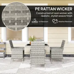 Outsunny Rattan Garden Furniture Set, Outdoor Dining Table and Chairs 4 Seater with Cushions, Square Tempered Glass Top, 4 Armchairs, for Balcony, Terrace, Conservatory, Mixed-Grey - 5