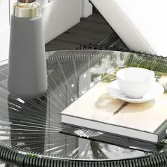 Outsunny Rattan Side Table, Round Outdoor Coffee Table, with Round PE Rattan and Tempered Glass Tabletop for Patio, Garden, Balcony, Black - 9