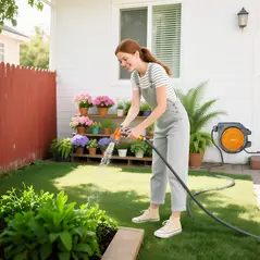 Outsunny Retractable Hose Reel Wall Mounted, 30+2m Garden Hose Pipe Reel with Lock, Auto Rewind, 7 in 1 Spray Nozzle, Includes Wall Fixings, 180° Swivel, Outdoor Watering, 59 x 23 x 42 cm, Orange - 8