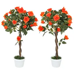 Outsunny Set of 2 Artificial Plants White Rose Floral in Pot, Fake Plants for Home Indoor Decor, 90cm, Orange - 1