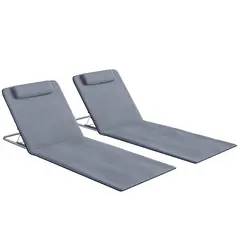 Outsunny Set of 2 Foldable Garden Beach Chair Mat Lightweight Outdoor Sun Lounger Seats Adjustable Back Metal Frame PE Fabric Head Pillow w/ Carry Bag,Grey - 1