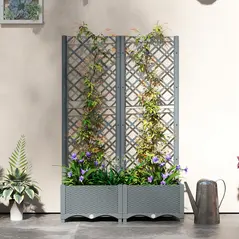 Outsunny Raised Garden Bed with Trellis, Plastic Planter Box with Drainage Holes, Drain Plugs and Water Reservoirs for Climbing Plants, Vegetables, Flowers, Grey - 9