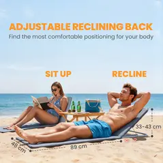 Outsunny Set of 2 Foldable Garden Beach Chair Mat Lightweight Outdoor Sun Lounger Seats Adjustable Back Metal Frame PE Fabric Head Pillow w/ Carry Bag,Grey - 5