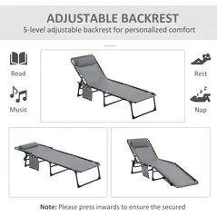 Outsunny Portable Sun Lounger Set of 2, Folding Camping Bed Cot, Reclining Lounge Chair 5-position Adjustable Backrest with Side Pocket, Pillow for Patio Garden Beach Pool, Grey - 4