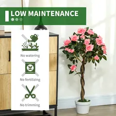 Outsunny Set of 2 Artificial Plants Pink Rose Floral in Pot, Fake Plants for Home Indoor Decor, 90cm - 6