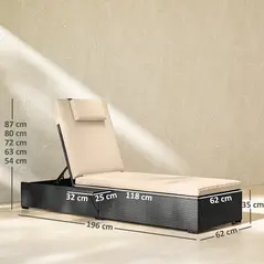 Outsunny Rattan Sun Lounger with 5-Level Reclining Back Side Tray and Cushion, Black - 3