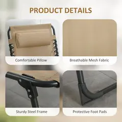 Outsunny Portable Sun Lounger, Folding Camping Bed Cot, Reclining Lounge Chair 5-position Adjustable Backrest with Side Pocket, Pillow for Patio Garden Beach Pool, Beige - 5