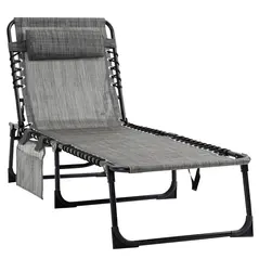 Outsunny Portable Sun Lounger, Folding Camping Bed Cot, Reclining Lounge Chair 5-position Adjustable Backrest with Side Pocket, Pillow for Patio Garden Beach Pool, Mixed Grey - 1