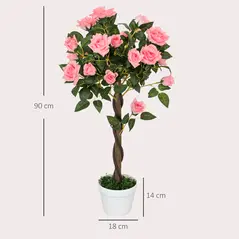 Outsunny Set of 2 Artificial Plants Pink Rose Floral in Pot, Fake Plants for Home Indoor Decor, 90cm - 3