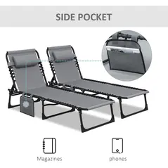 Outsunny Portable Sun Lounger Set of 2, Folding Camping Bed Cot, Reclining Lounge Chair 5-position Adjustable Backrest with Side Pocket, Pillow for Patio Garden Beach Pool, Grey - 7