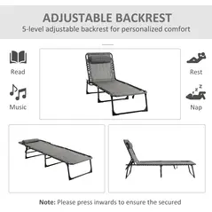 Outsunny Portable Sun Lounger Set of 2, Folding Camping Bed Cot, Reclining Lounge Chair 5-position Adjustable Backrest with Side Pocket, Pillow for Patio Garden Beach Pool, Mixed Grey - 4